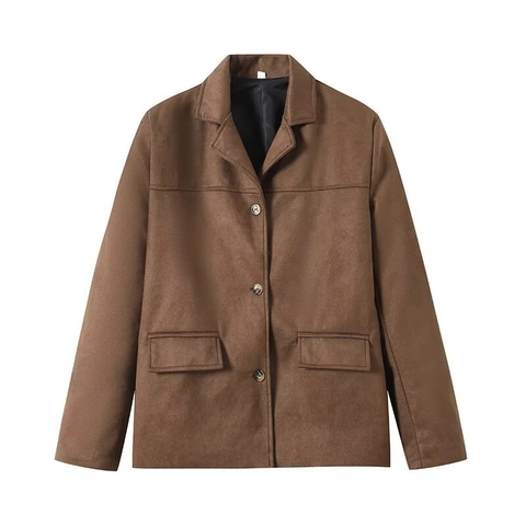 Blazer de Tela de Gamuza para Mujer Solapa de Muesca Botonadura Sencilla Marrón Oscuro Corte Holgado Ropa de Abrigo de Otoño con Bolsillos de Solapa