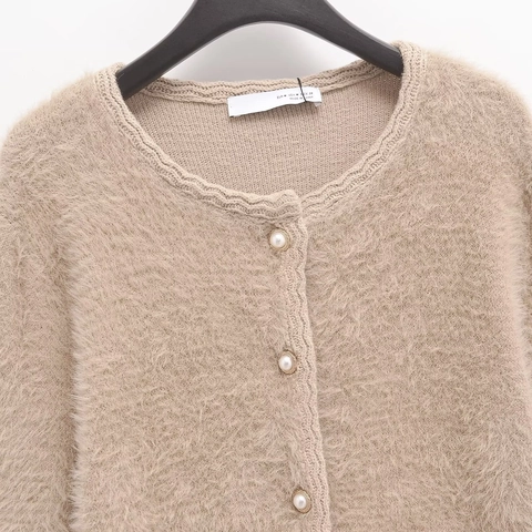 Women Elegant Mink-Like Knit Cardigan Round Neck Long Sleeve Solid Color Single Breasted Artificial Pearl Button Sweater Top Khaki