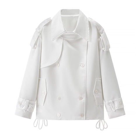 Dames Elegante Revers Double Breasted Korte Trenchcoat Casual Losse Satin Look Windjack Met Epauletten