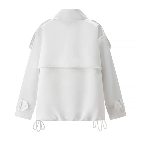 Dames Elegante Revers Double Breasted Korte Trenchcoat Casual Losse Satin Look Windjack Met Epauletten