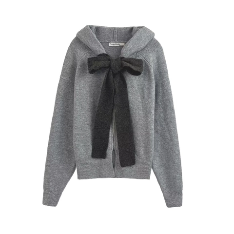 Damen Kapuzen Strickjacke Grau Reißverschluss Cardigan Langarm Schleife Deko Weich Acryl Polyester Lässig Außenjacke