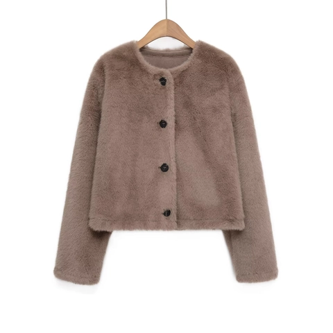 Women's Faux Fur Short Jacket Elegant Round Neck Single Breasted Long Sleeve Warm Outerwear Solid Color Coat For Autumn Winter