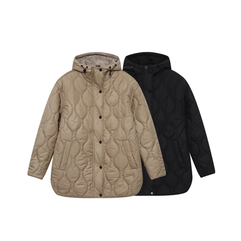 Women Casual Hooded Wave Quilting Puffer Jacket Mid-Length Loose Warm Cotton Blend Coat Black Khaki Outerwear