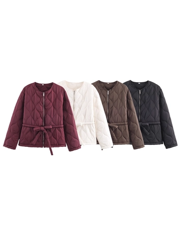 Women Lightweight Quilted Jacket Diamond Grid Drawstring Waist Cotton Padded Coat Round Neck Zipper Long Sleeve Outerwear