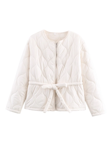 Women Lightweight Quilted Jacket Diamond Grid Drawstring Waist Cotton Padded Coat Round Neck Zipper Long Sleeve Outerwear