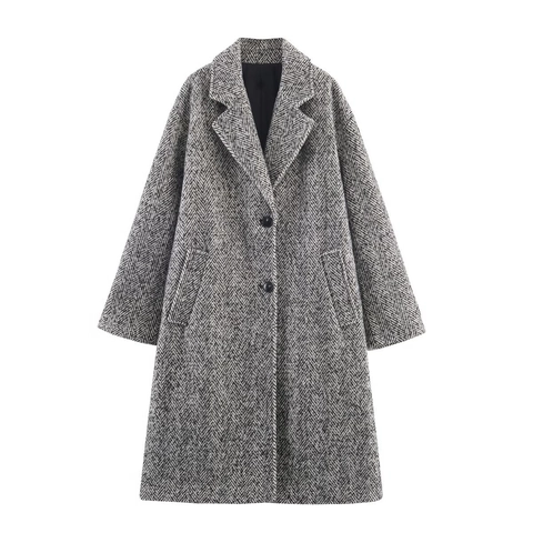 Cappotto Lungo in Lana a Spina di Pesce Donna Vintage Revers Monopetto Grigio Soprabito Invernale Calda Giacca con Tasche