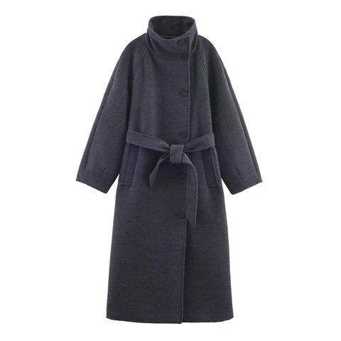 Manteau Long Élégant pour Femme Style Laine Gris Col Montant Ceinturé Épais Polyester Pardessus Coupe Ample Veste d'Hiver