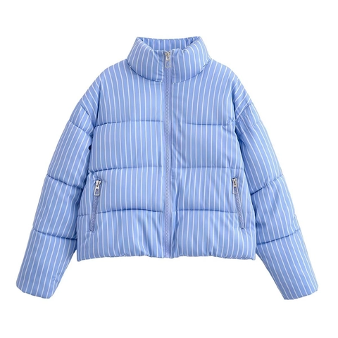 Chaqueta Acolchada Casual a Rayas para Mujer Cuello Alto Abrigo Invernale Manga Larga Cremallera Ropa de Abrigo Bolsillos Chaqueta