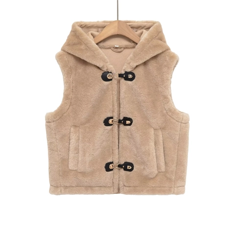 Chaleco con Capucha de Piel Sintética para Mujer Moda Otoño Invierno Cálido sin Mangas con Cierre de Alamares Color Sólido