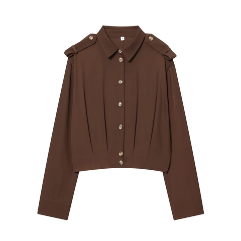 Women European Style Dark Brown Long Sleeve Shirt Casual Short Pleated Blouse With Epaulettes Solid Color Streetwear Top