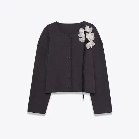 Cárdigan de Punto Acanalado con Cuello Redondo para Mujer con Decoración de Flores 3D Manga Larga Suéter de Moda