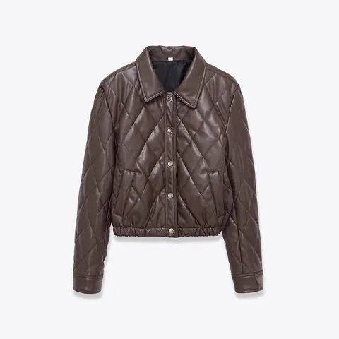 Women Quilted PU Leather Jacket Short Lapel Collar Long Sleeve Fashion Quilted Diamond Pattern Solid Color Outerwear Coat