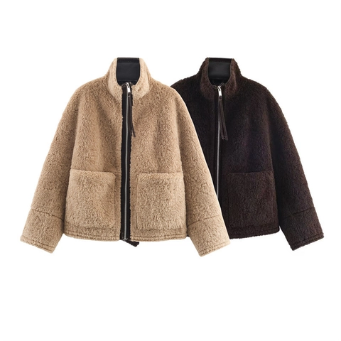 Women's Casual Stand Collar Sherpa Fleece Jacket Long Sleeve Zip Up Faux Fur Teddy Coat With Pockets For Winter Autumn