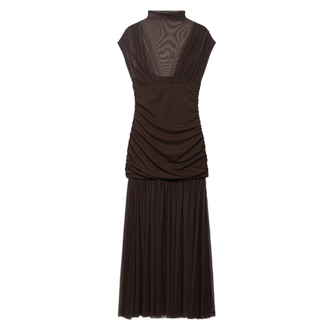 Elegante Dames Donkerbruine Maxi Jurk Met Opstaande Kraag Mesh Splitsing Gerimpeld Geplooid Slim Fit Jurk Voor Feest