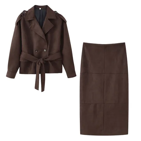 Women Elegant Faux Suede Short Double Breasted Belted Jacket And Midi Stitching Skirt Solid Dark Brown Autumn Outfits