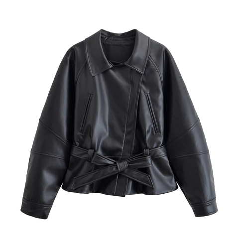 Chaqueta de Cuero PU Negra Casual para Mujer Con Cinturón Color Sólido Solapa Streetwear Manga Larga Chaqueta para Mujer