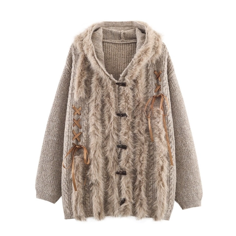 Chaqueta Cárdigan De Punto Con Capucha Para Mujer Con Ribete De Piel Sintética Y Lazos De Cinta Suéter Suelto De Manga Larga