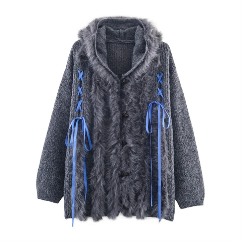 Chaqueta Cárdigan De Punto Con Capucha Para Mujer Con Ribete De Piel Sintética Y Lazos De Cinta Suéter Suelto De Manga Larga