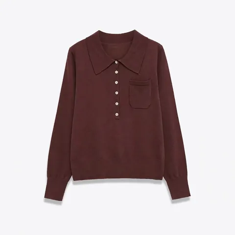 Damen Casual Polo-Ausschnitt Strickpullover Langarm Locker Einfarbig Pullover Mit Tasche Herbst Winter Pullover Top