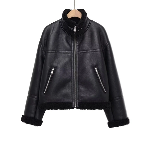 Chaqueta de Aviador de Cuero Sintético para Mujer Forro de Piel Sintética Abrigo de Invierno Cálido y Grueso Cremallera Negro