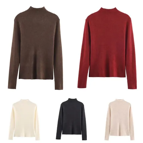 Pull Femme à Col Montant et Manches Longues en Tricot à Côtes Coupe Ajustée Couleur Unie en Polyester pour Automne Hiver
