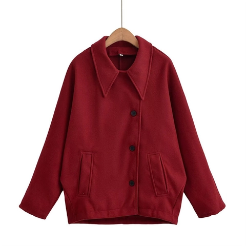 Women's Casual Polyester Wool-Look Loose Batwing Sleeve Jacket Single-breasted Large Lapel Coat Wine Red Autumn Outerwear