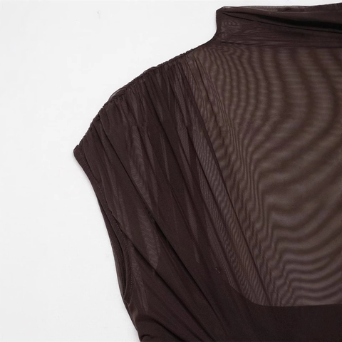 Elegante Dames Donkerbruine Maxi Jurk Met Opstaande Kraag Mesh Splitsing Gerimpeld Geplooid Slim Fit Jurk Voor Feest