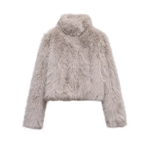 Damen Mode Kunstpelz Kurzjacke Stehkragen Warm Langarm Cropped Oberbekleidung Mantel Herbst Winter Streetwear