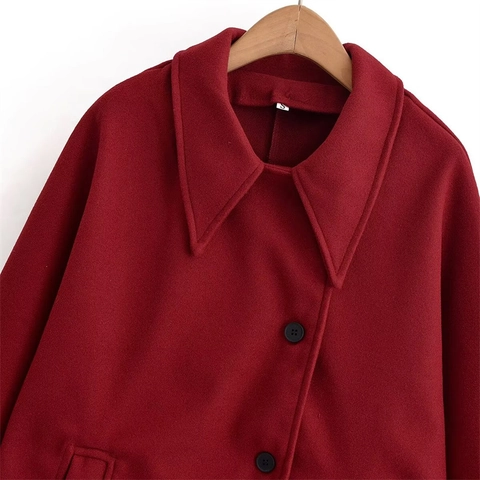 Women's Casual Polyester Wool-Look Loose Batwing Sleeve Jacket Single-breasted Large Lapel Coat Wine Red Autumn Outerwear