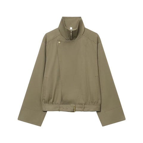 Women Casual Cotton Utility Jacket Stand Collar Long Sleeve Trench Coat Army Green Short Windbreaker With Belt Streetwear Outwear
