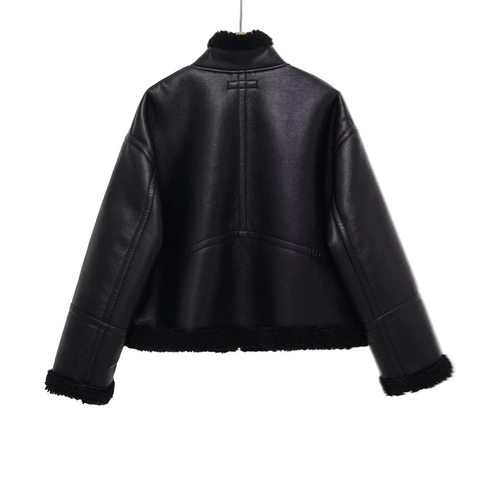Chaqueta de Aviador de Cuero Sintético para Mujer Forro de Piel Sintética Abrigo de Invierno Cálido y Grueso Cremallera Negro
