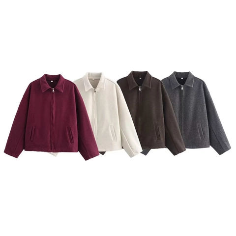 Women Fashion Oversized Zipper Faux Wool Jacket Turn-Down Collar Long Sleeve Loose Fit Autumn Winter Warm Outerwear Coat