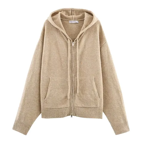Women Casual Zip Up Hooded Knit Jacket Long Sleeve Cardigan Sweater With Pockets Solid Color Streetwear Outerwear