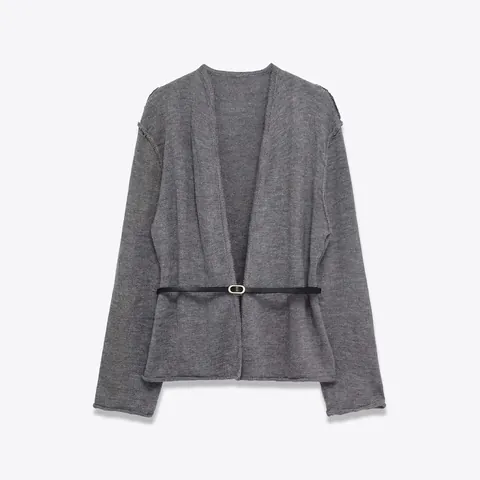 Women Casual V-Neck Knit Cardigan Sweater With Belt Long Sleeve Grey Solid Color Street Style Fashion Outerwear Top