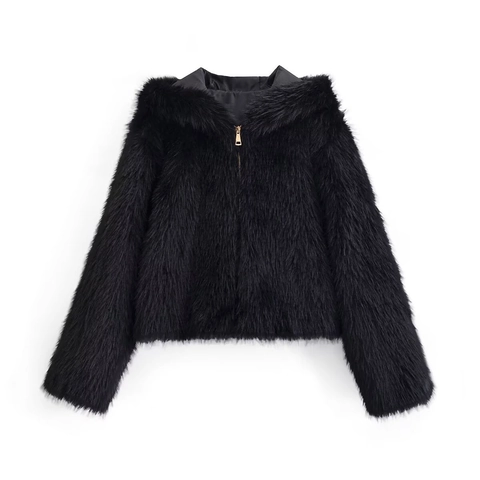 Chaqueta de Moda para Mujer de Piel Sintética con Capucha Manga Larga Color Sólido Cálido Invierno Cremallera Outwear Ajuste Regular Abrigo Corto
