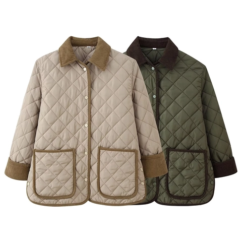 Giacca Trapuntata a Losanghe Retrò da Donna Con Tasche a Collo in Patchwork di Velluto a Coste Monopetto Cappotto Casual