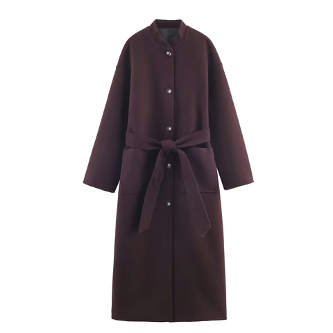 Cappotto Lungo di Lana da Donna Collo in Piedi Manica Lunga Monopetto Con Cintura Giacca Streetwear Borgogna Autunno Inverno