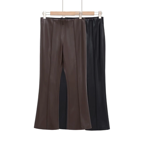 Pantaloni a Campana da Donna in Pelle PU a Vita Alta Vita Elastica Tinta Unita Pantaloni Lunghi Streetwear