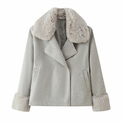 Women's Elegant Short Woolen Jacket With Faux Fur Collar And Cuffs Casual Solid Color Fall Winter Outwear Warm Thick Coat