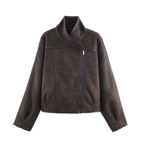 Giacca Moto da Donna in Finta Pelle Scamosciata Vintage Con Collo Rialzato Bordo in Pelle Caldo Interno in Shearling Cappotto Biker Largo