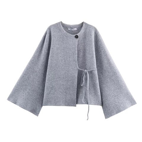 Women's Casual Solid Gray Knit Cardigan With Tie Belt Round Neck Bell Sleeve Single Button Autumn Winter Sweater Coat