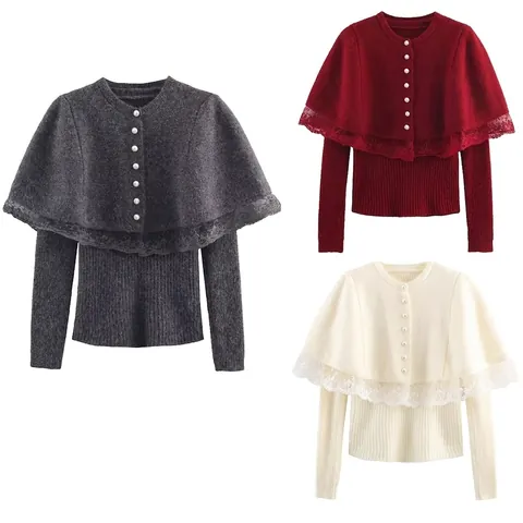 Damen Elegant Strickwaren Langarm Rundhalsausschnitt Pullover Und Spitzenbesatz Künstliche Perlenknöpfe Schal Cape Top