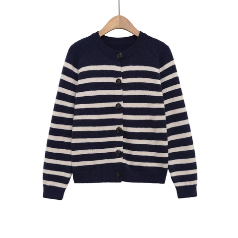 Women's Striped Knit Cardigan Sweater Casual Crew Neck Long Sleeve Button Front Ribbed Trim Knitwear Coat