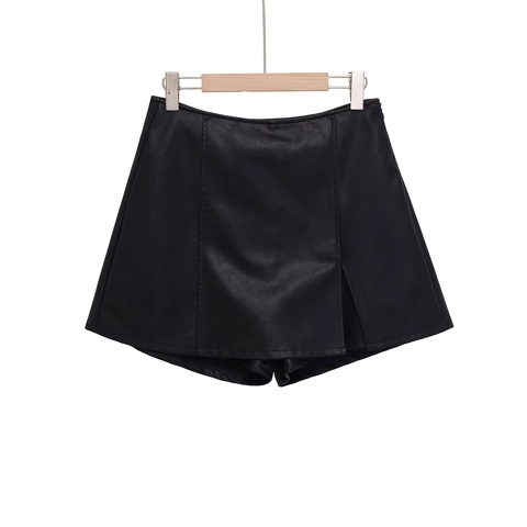 Gonna-Pantalone da Donna in Pelle PU a Vita Alta Con Spacco Laterale Gonna Mini a Linea A Con Pantaloncini Interni Moda Tinta Unita Nero Standard Fit Casual Streetwear