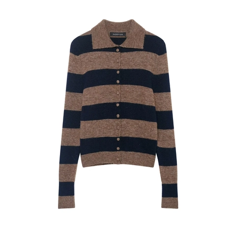 Women's Striped Knit Cardigan Polo Collar Long Sleeve Button Up Sweater Casual Streetwear Fall Winter Fashion Knitwear