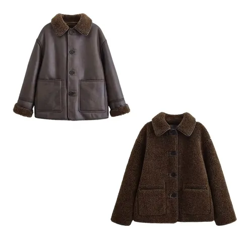 Women Reversible Faux Leather Shearling Jacket Warm Winter Lapel Button Down Coat With Pockets Solid Vintage Streetwear Outerwear