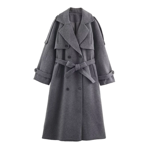 Dames Streetstyle Double-breasted Lange Wollen Jas Met Riem Revers Lange Mouw Grijs Herfst Winter Bovenkleding Jas