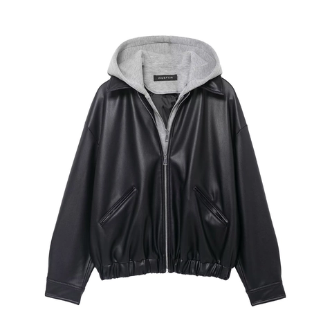 Giacca da Donna Casual Finto Due Pezzi con Cappuccio in Ecopelle Giuntata Larga con Cerniera Capispalla Streetwear Antivento
