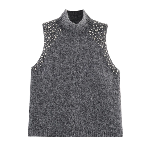 Dames Mock Neck Mouwloos Breisel Vest Strass Versiering Trui Top Losse Pasvorm Polyester Grijs Gebreide Kleding