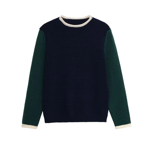 Suéter de Punto Casual para Mujer Bloques de Color Cuello Redondo Manga Larga Pullover Retro Streetwear Top Azul Marino Verde Oscuro